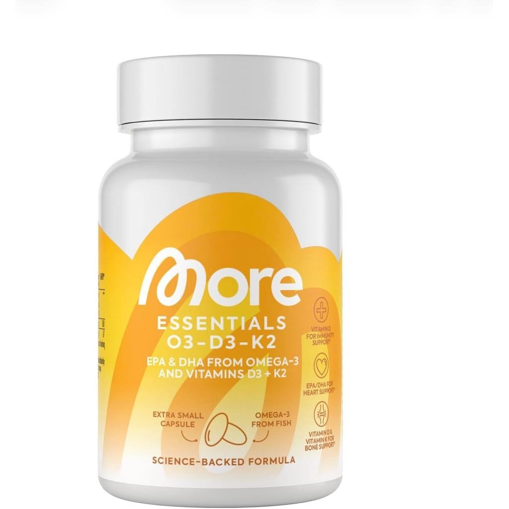 MORE Essentials O3-D3-K2, แคปซูลน้ํามันปลา 60 แคปซูล, บรรจุทุกวัน 500 มก. EPA และ 250 มก. DHA มีวิตา