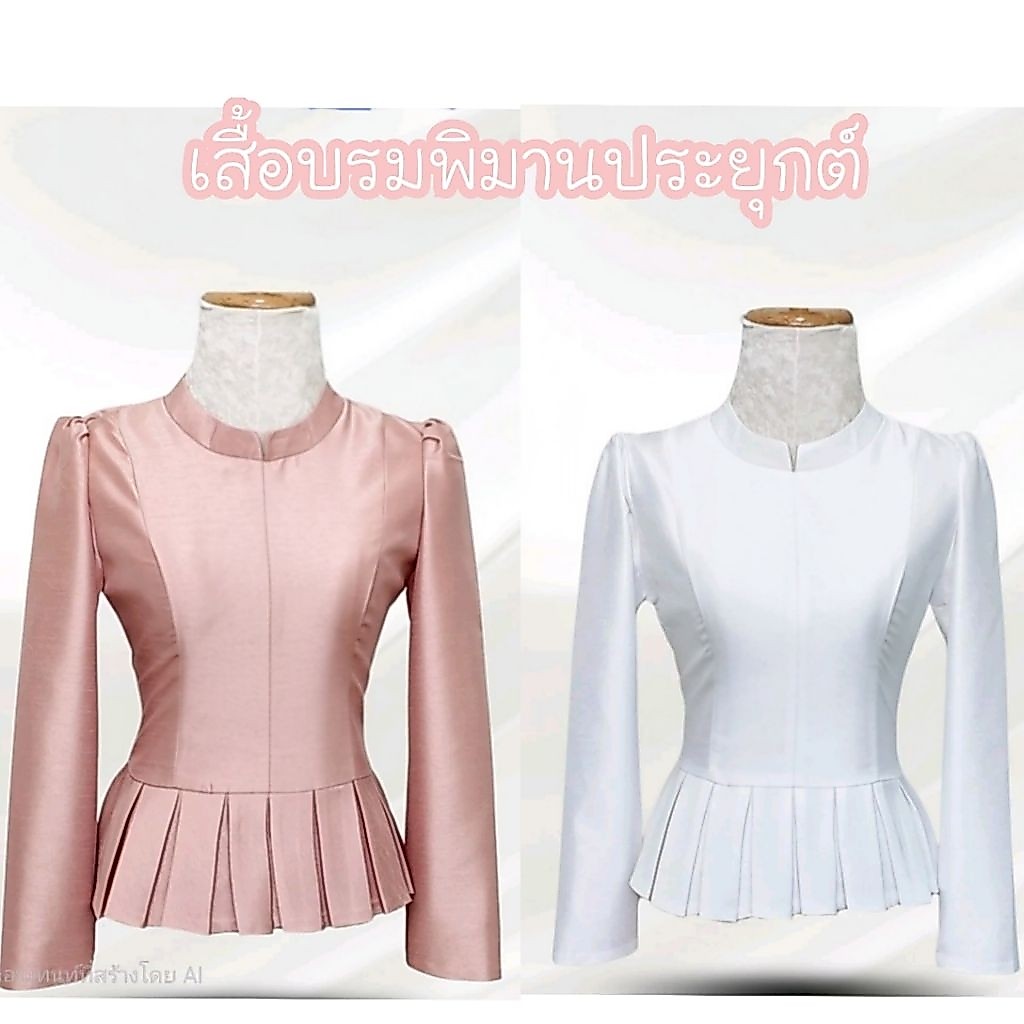 ส40เสื้อบรมพิมานประยุกต์เอวระบายจีบไหมสี่เส้นมี2สีขาวกับนู้ด