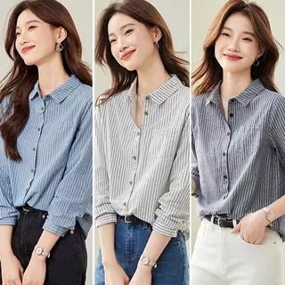 MIMI เสื้อเชิ้ตแขนยาวลายทางแนวตั้งทรงหลวมสำหรับผู้หญิงทำงาน สไตล์เรโทรและอาร์ตๆ ไซส์ใหญ่ เสื้อแจ็คเก็ตนักเรียน#W716