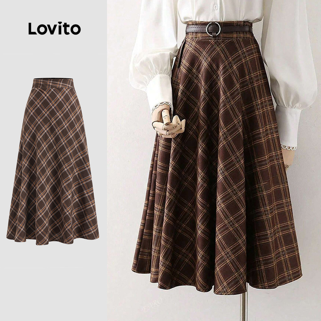 Lovito แคชชวล กระโปรงเย็บผ้าลายสก๊อตสําหรับผู้หญิง LBL22556
