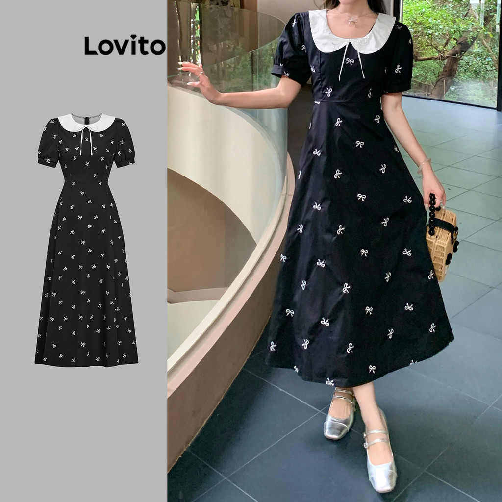 Lovito เดรสแคชชวลสำหรับผู้หญิง ดีไซน์ลายเรขาคณิต ผูกโบว์ คอปกตัดกัน ทรงเดรป L106AD1217