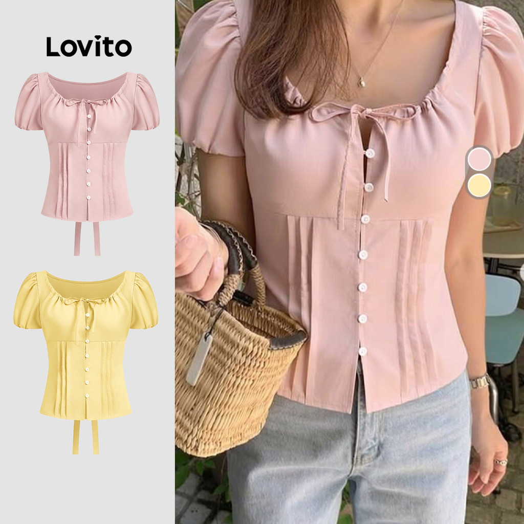 Lovito แคชชวล น่ารักธรรมดาจีบลูกไม้ขึ้นฤดูใบไม้ผลิ/ฤดูร้อนสีชมพูอ่อนเสื้อสําหรับผู้หญิง L136AD216