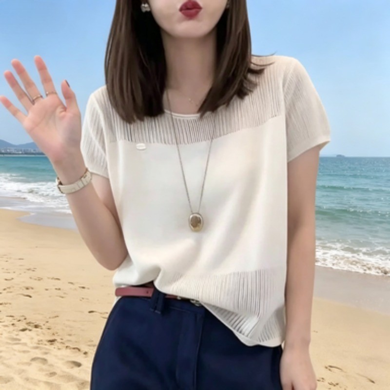 ผู้หญิงฤดูร้อนสีทึบกลวงออกถักแขนสั้นด้านบน,ระบายอากาศคลาสสิกรอบคออเนกประสงค์สบายๆแฟชั่นเสื้อถัก