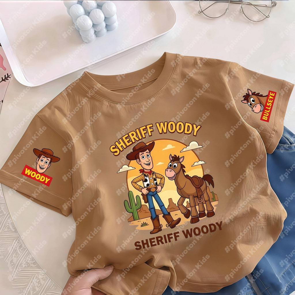 (จัดส่ง24ชม.) เสื้อยืดเด็กผู้ชาย ลายคาวบอยและม้าสัตว์เลี้ยง ทิวทัศน์ทะเลทราย พิมพ์หน้าอกและแขน