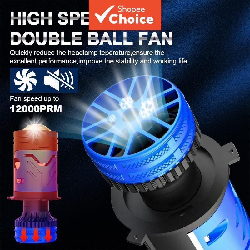 6500K H4 LED โปรเจคเตอร์เลนส์ไฟหน้า High Power Hi/Lo Beam Silent Turbo Fan สําหรับรถมอเตอร์ไซด์