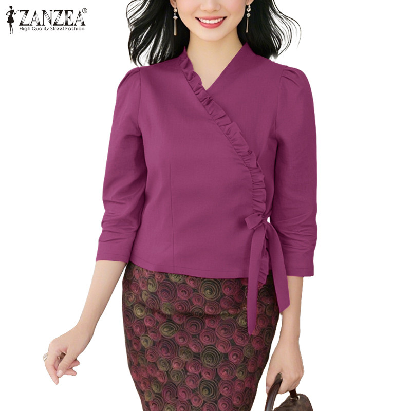 ZANZEA เสื้อเบลาส์แฟชั่นสตรี สีทึบ คอวี แขน 3/4 ขอบระบายและสายคาด — صورة 6