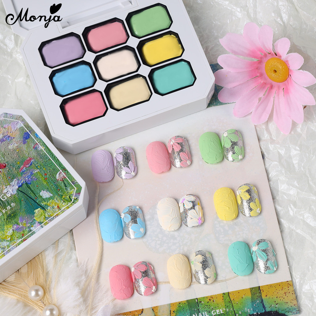 Monja 9กริด/กล่องเล็บUVเจลสําหรับผ้าใบภาพวาดสีน้ํามันผล3Dสีทึบตกแต่งบรรเทาปูนปลาสเตอร์ Texture
