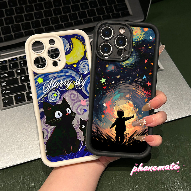 จัดส่งจากประเทศไทย แมวดำตัวเล็กสองตัวใต้ท้องฟ้าที่เต็มไปด้วยดวงดาว for Infinix Hot 40i Smart8 8Pro เคสไ
