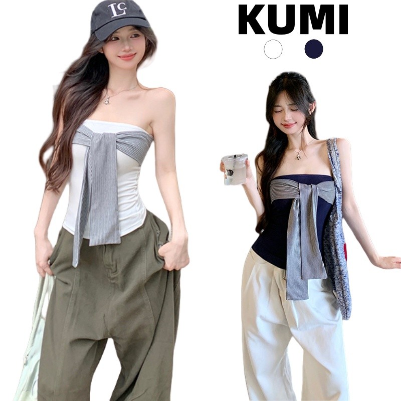 KUMI พร้อมส่ง🚀เสื้อเกาะอกผู้หญิง เสื้อครอปทรงรัดรูป ดีไซน์เชื่อกผูกหน้าอก เปิดหลั เปิดไหล่ เซ็กซี่ แขนกุดสไตล์อเมริกัน