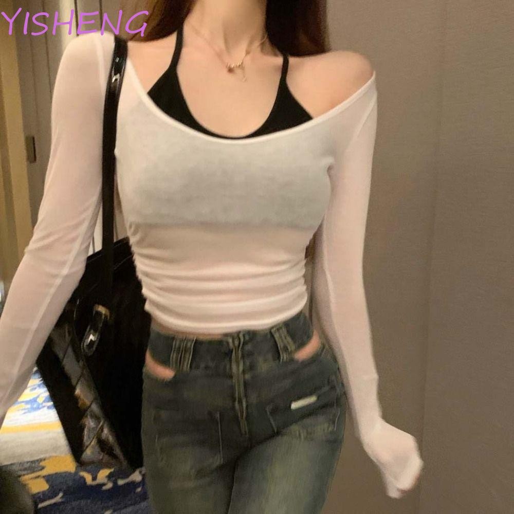 YISHENG58BS ผู้หญิงแขนยาว T เสื้อ, U คอลูกไม้ผูก Y2k Slim คอแขวน Tank Top, Casual ครีมกันแดด Camisol