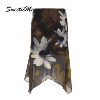 กระโปรงยาวแบบไม่สม่ำเสมอ พิมพ์ลายดอกไม้และตาข่าย สไตล์เรโทรจ…