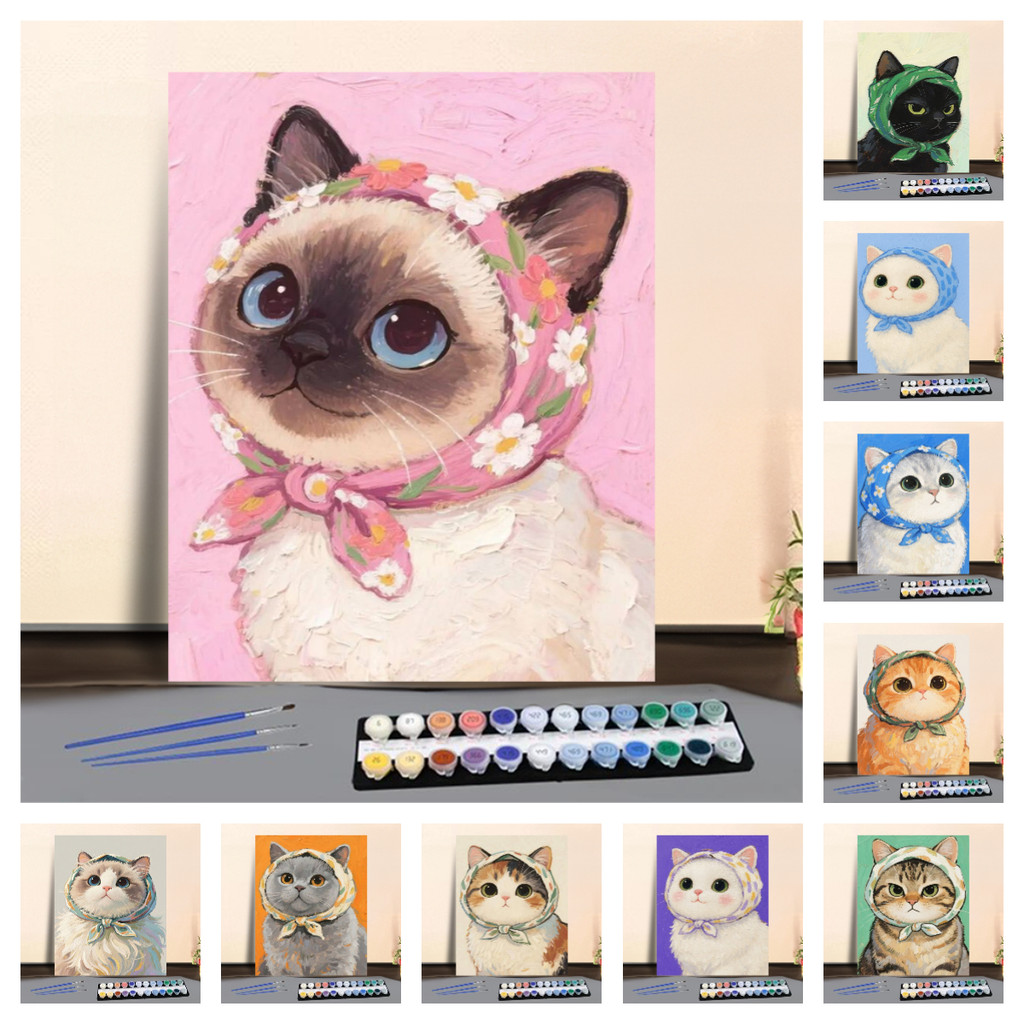 KSภาพสีน้ํามันแมวน่ารัก กระปุกการ์ตูนระบายสีตามตัวเลข DIY ของขวัญพิเศษ