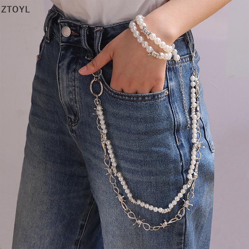 Ztoyl Punk ส่วนบุคคล Moon Sun กางเกงสําหรับชายผู้หญิง Jean Chains Gothic Rock Multilayer เอวอุปกรณ์เ