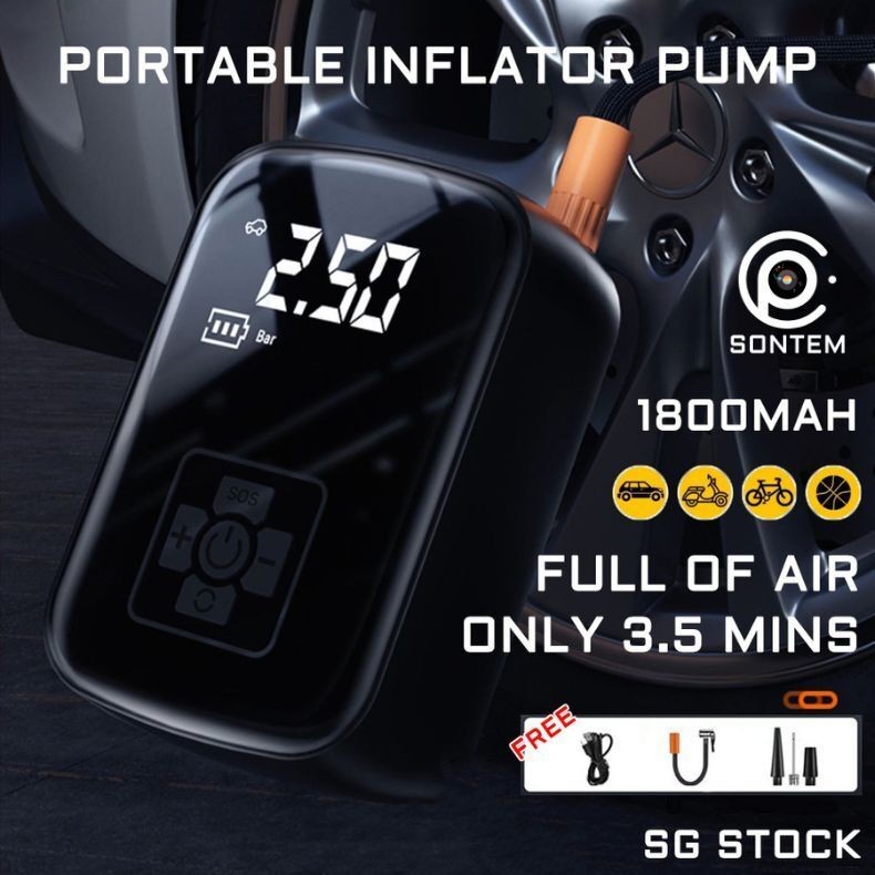 {ผู้ขาย SG} Car Tyre Pump Tyre Pump ปั๊มยางไฟฟ้าแบบพกพาสําหรับรถยนต์ขนาดกะทัดรัดจักรยานพร้อมไฟ LED ด