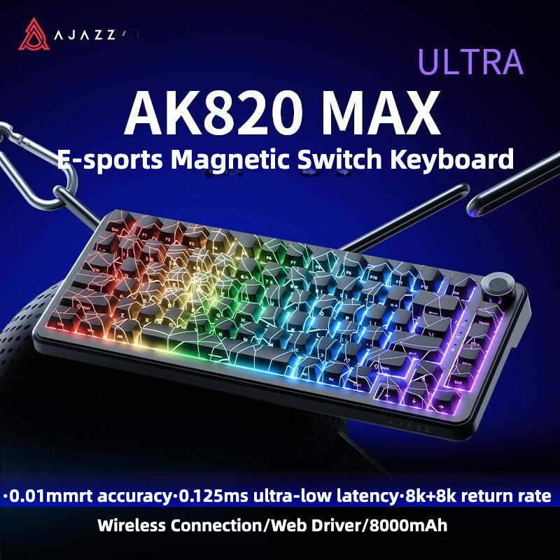 AJAZZ AK820MAX ULTRA Magnetic Switch คีย์บอร์ดสามโหมด Rapid Trigger 8Khz RGB บลูทูธ 2.4g แบบมีสาย 80