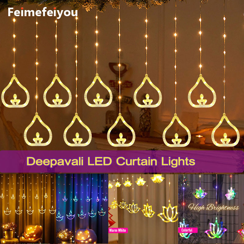 2025 Deepavali LED ผ้าม่านโคมไฟ Deepavali ตกแต่งรายการ Happy Diwali เทศกาลโคมไฟตกแต่ง Fairy Light LE
