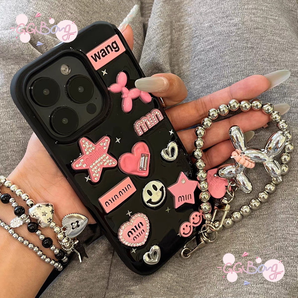 เคสไอโฟน 16 สำหรับ iPhone 16 12 14 11 15 Pro Max 16 7 8 15 Plus X XR XS Maxสีชมพูหวานดาวรักหัวใจรอยยิ้มสร้อยข้อมือมันวาว