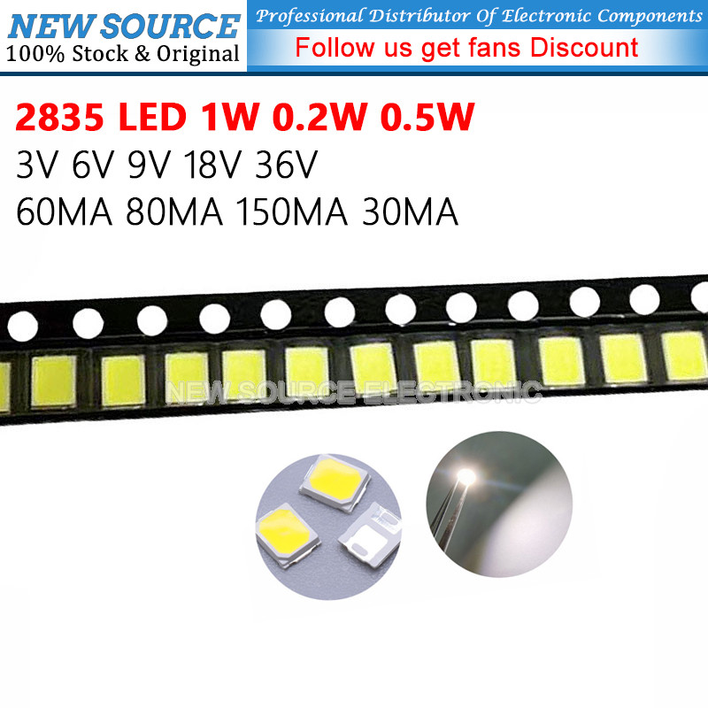 [100 ชิ้น] 2835 LED 1W 0.2W 0.5W 3V 6V 9V 18V 36V 60MA 80MA 150MA 30MA สีขาว SMD ไฟ LED Emitting ไดโอด