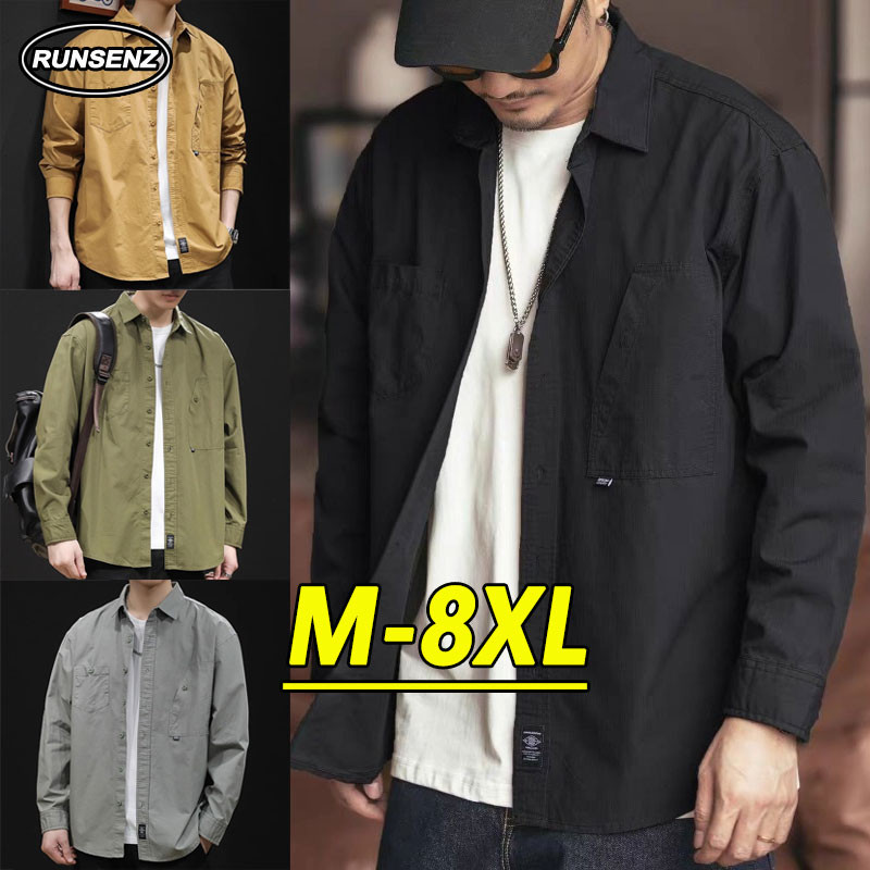 เสื้อเชิ้ตผ้าฝ้ายสไตล์คาร์โก้ ม-8เอ็กซ์ลาร์จ แขนยาวสำหรับผู้ชาย ฟิตหลวม สไตล์ไฮเอนด์