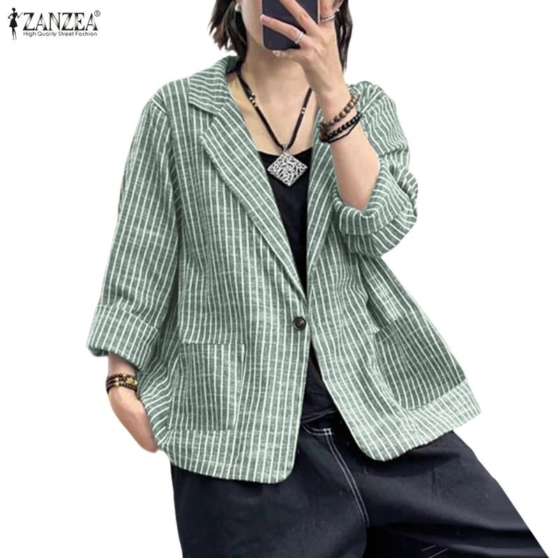 ZANZEA ชุดทำงานลายทางแขนยาวสำหรับผู้หญิง ออกแบบมาให้สวมใส่ง่ายในทั้งวัน มีกระดุมหน้าเพิ่มความคล่องตัว
