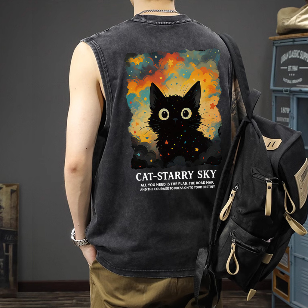 Sea.Tee สินค้าใหม่! sleeveless shirt เสื้อยืด แขนกุด oversize สบายและนุ่ม ผ้าCotton 100% วินเทจ 'CAT STARRY' 3XL