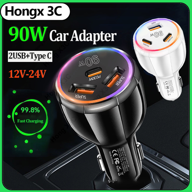 90W 3-in-1 type c micro usb fast charge adapter 2USB + Type C fast charge car charger สําหรับ ios15 