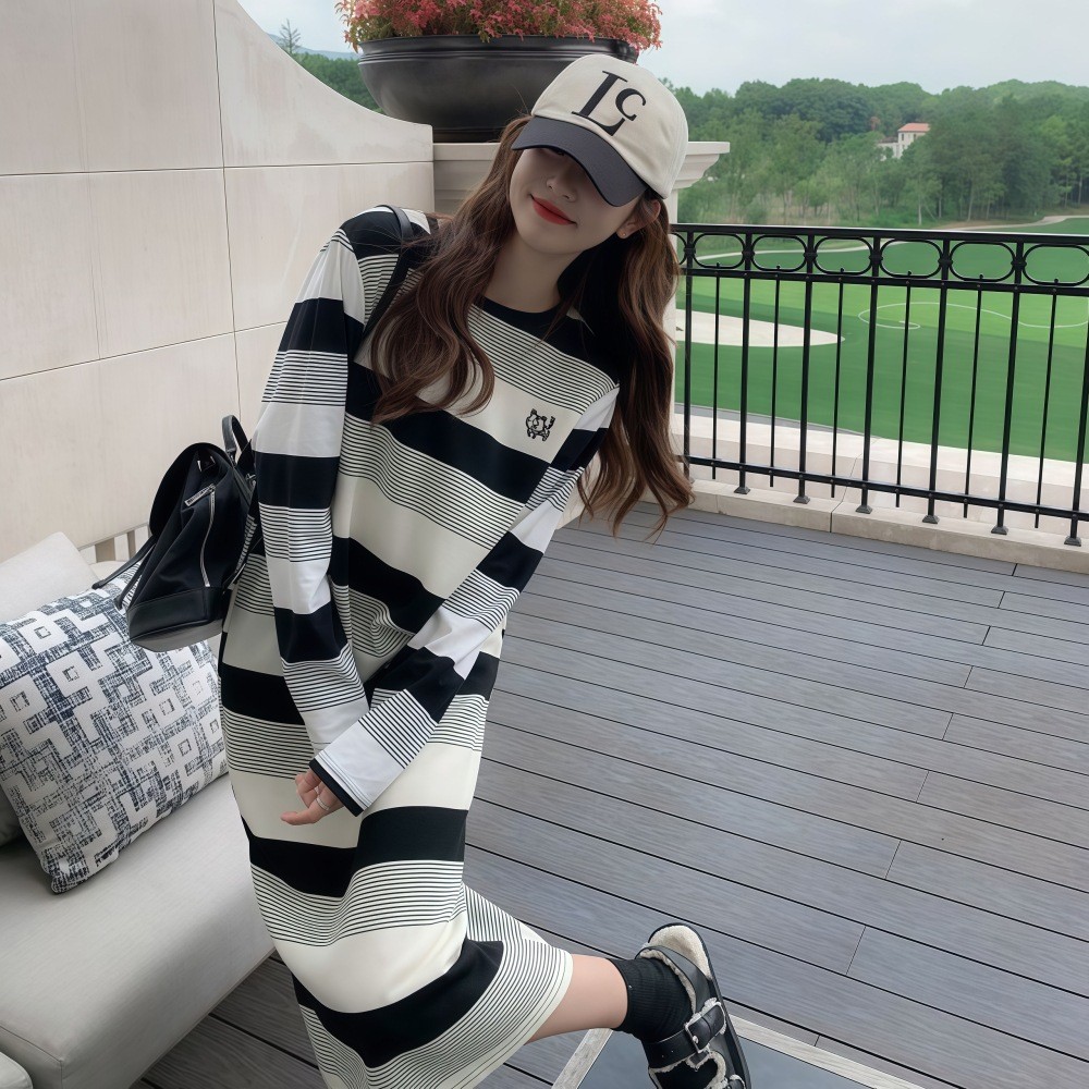 ขนาดใหญ่ Retro ลายแขนยาวชุดผู้หญิงกระโปรงลําลองปักยาว Over-the-Knee Cover Belly Slimmer ดูเสื้อยืดชุ