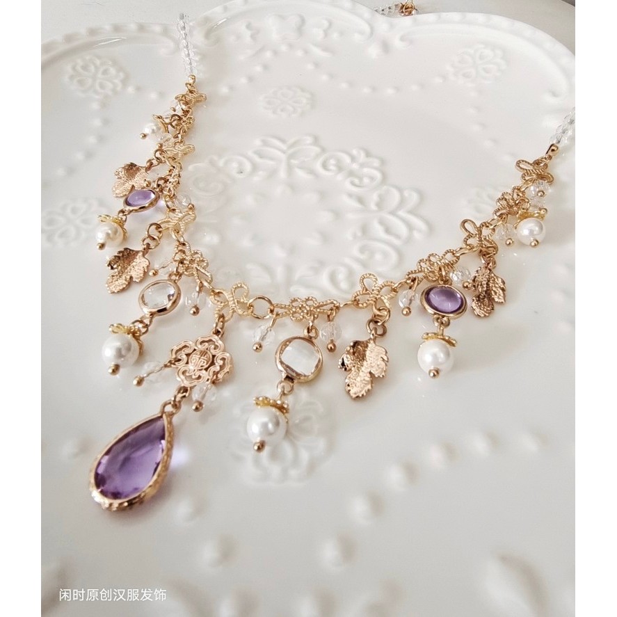 สร้อยคอ Hanfu Rare Earth Glass และเครื่องประดับหน้าผาก Yingluo Bun สไตล์ Lolita ทุกวัน