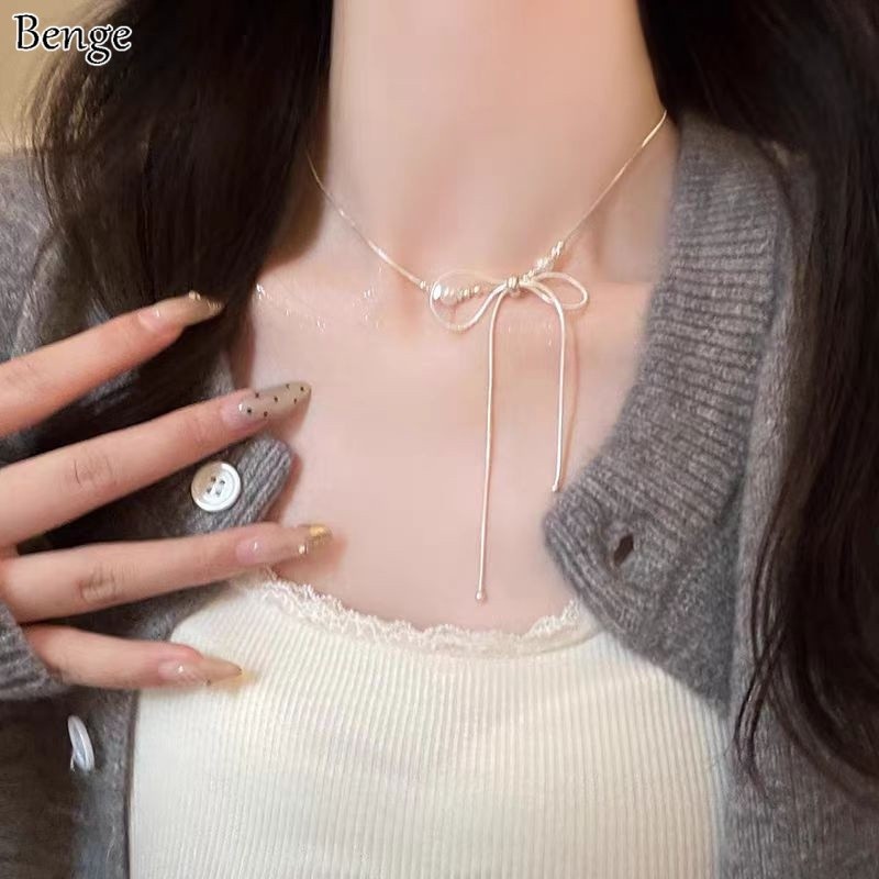 สร้อยคอกลีบดอกไม้มุกและโบว์ สำหรับผู้หญิงสง่างาม และเป็นของขวัญแฟชั่น