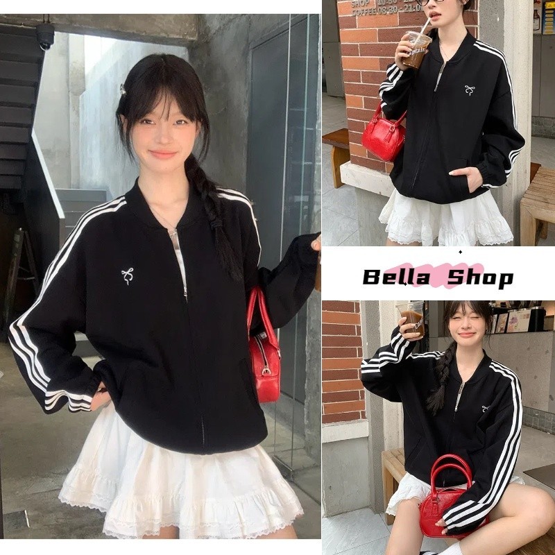 Bella Shop เสื้อแจ็คเก็ตลายทางสีดําสไตล์เกาหลีผู้หญิงโบว์หลวมสบายๆเสื้อแขนยาว