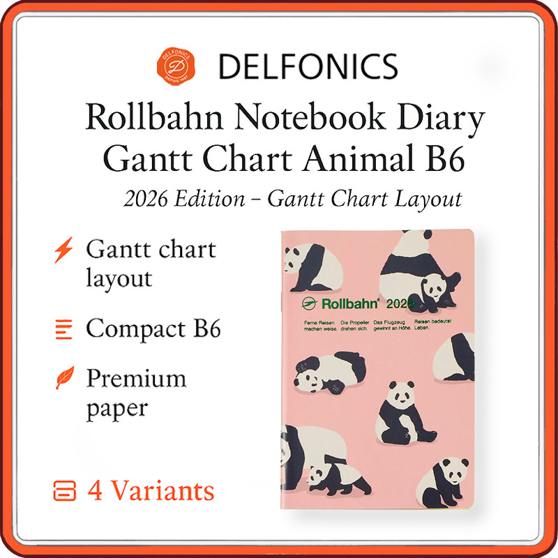 Delfonics Rollbahn 2026 B6 Gantt Chart Planner Notebook Diary | Animal Series (Panda, Cat, Bird, Fox