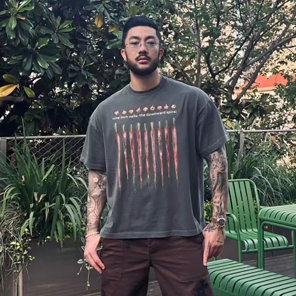 VNM2 vintage 9inch Nail Band Retro Washed Vintage High Street Loose Short Sleeve T T-shirt Men and W