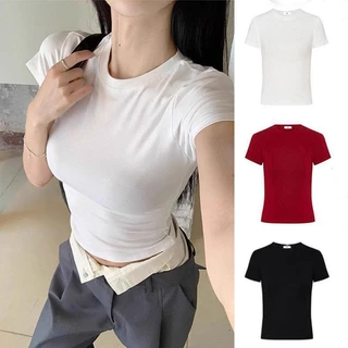 ใหม่สาวฮอตเพรียว หญิงเสื้อยืดฤดูร้อน บางแสดงรอบคอบวกไหล่เสื้อยืดด้านบน