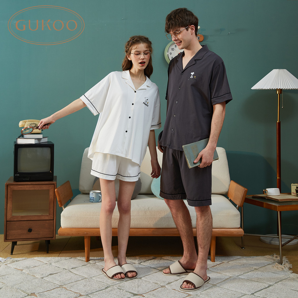 Gukoo ชุดนอนการ์ตูน Snoopy ทำจากเนื้อผ้า Cotton Spandex สไตล์แฟชันสำหรับสวมใส่ทั้งวัน