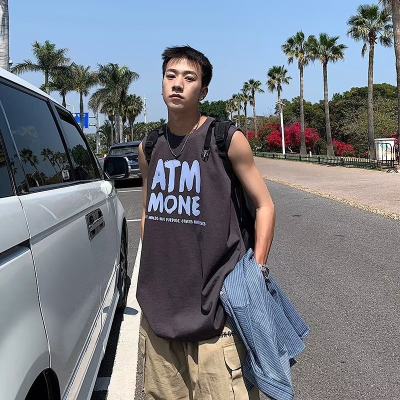 2025 NEW 2025 Sleeveless T-Shirt Men Summer Outer Wear Loose Tank Top Sports Vest Trendy Brand Fitne