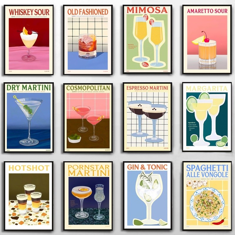 ภาพวาดเครื่องดื่มค็อกเทล Aperol Spritz, Sangria, Negroni, Martini และวิสกี้ สำหรับตกแต่งบาร์และห้อง
