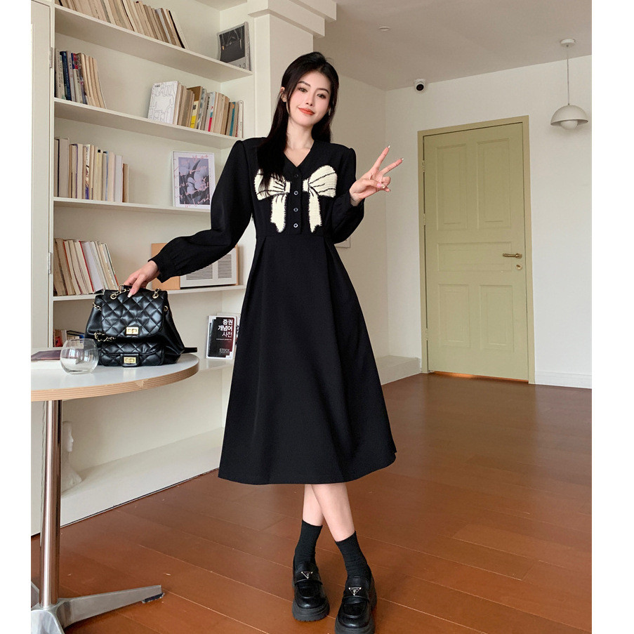 Plus ขนาดเสื้อผ้าผู้หญิงไขมัน mmV คออารมณ์ Slimmer ดูชุดผู้หญิงฤดูใบไม้ผลิ Bowknot แฟนสีดําเล็กๆ a-L