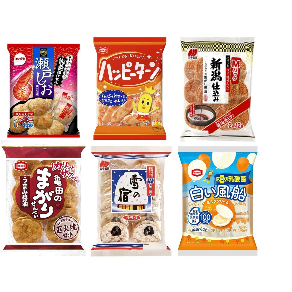 Assorted Japanese Snacks – Rice Crackers & Snack Set A (6 Items)  including Happy Turn, Magari Senbe