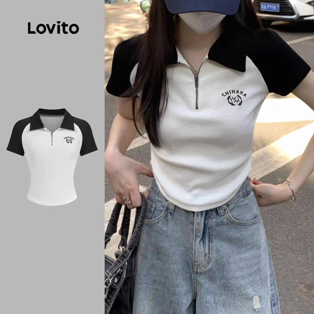 Lovito เสื้อยืดลําลองสีตัดกันซิปฤดูใบไม้ผลิ/ฤดูร้อนเสื้อยืดสีดําและสีขาวสําหรับผู้หญิง L134ED828