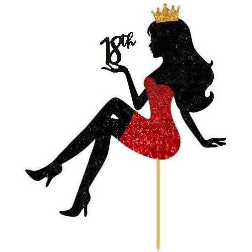 RKMYTR 18th Birthday Cake Topper with Red Girl Holding Wine Glass Design, 20.5cm Height Glitter Deco