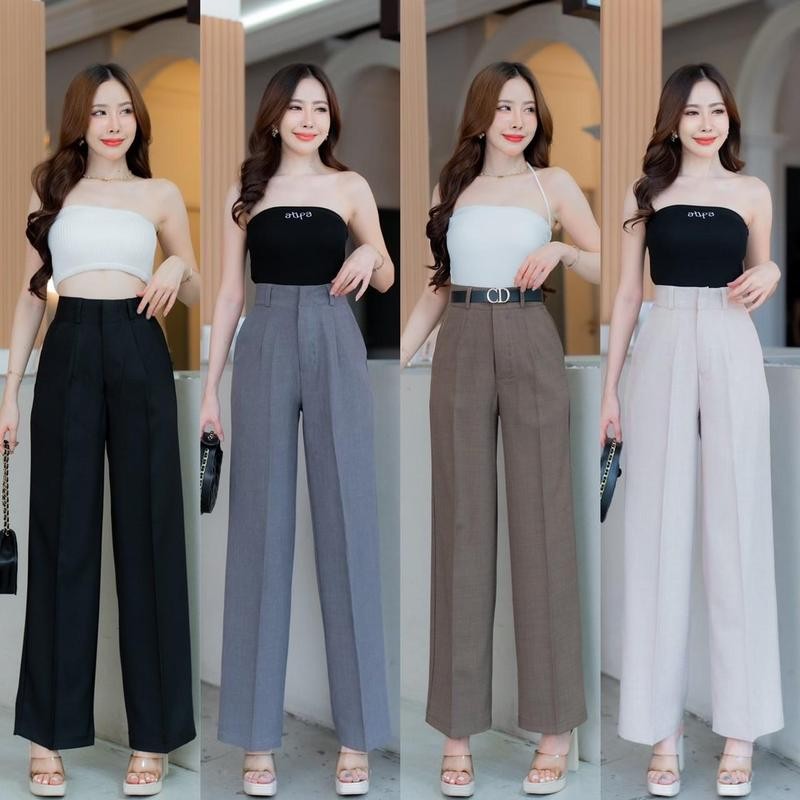 G92 กางเกงขากระบอกกลาง ตะขอหน้า ผ้าฟอร์ร่า เอวสูง Pants Clothing ผู้หญิง เสื้อผ้า Lady Women