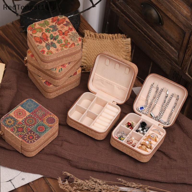 [rtg] วินเทจไม้ก๊อกเครื่องประดับออแกไนเซอร์กล่องโบฮีเมียแบบพกพาต่างหูกล่องเก็บดอกไม้ย้อนยุคสร้อยคอกร