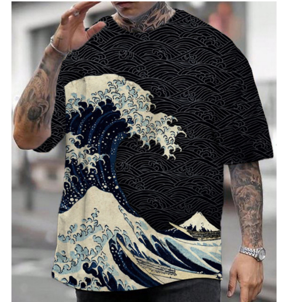 เสื้อเชิ้ตแขนสั้นลําลอง 3D สําหรับผู้ชาย Ukiyo-E เสื้อผ้า 2024 Summer Plus Size Street