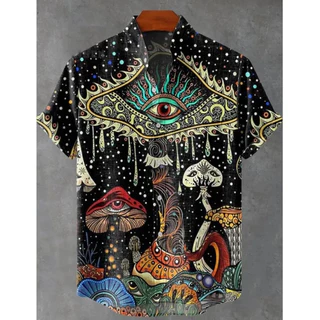 เสื้อแขนสั้นผ้าลินินสำหรับผู้ชาย ออกแบบใหม่ในสไตล์แอฟริกันทริบัล พร้อมลวดลายโทเท็ม เหมาะสำหรับคนชอบแฟชั่นเรโทร