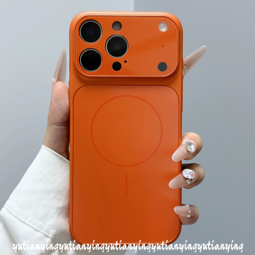 Frosted หรูหราแฟชั่นแก้วเรียบง่ายฝาครอบป้องกันแม่เหล็กสําหรับ iPhone Air 17 16 15 13 16 14 Pro Max 16 17 14 15 Pro IPhone 17 กันกระแทกทองสีส้มสีดําเคสโทรศัพท์