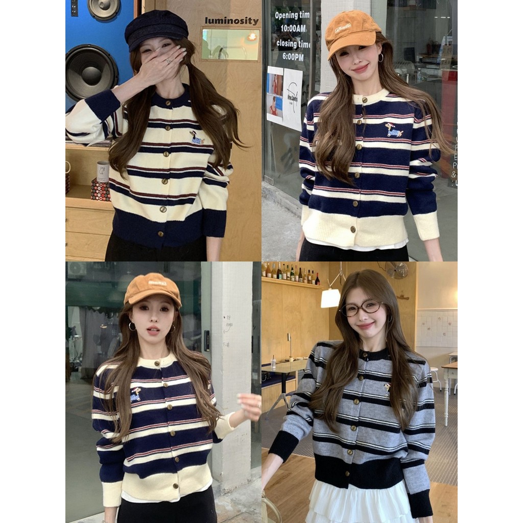 💘Bonnie💘เสื้อแขนยาว ดีเทลลายทางสไตล์เกาหลี ผ้าถัก เสื้อคอกลม ใส่สบาย ผ้านิ่ม เสื้อผ้าสตรี ส่งจากไทย