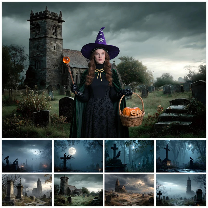 Graveyard ฉากหลังฮาโลวีน Full Moon Night Crosses Ravens Spooky Cemetery Gothic Party สยองขวัญภาพพื้น