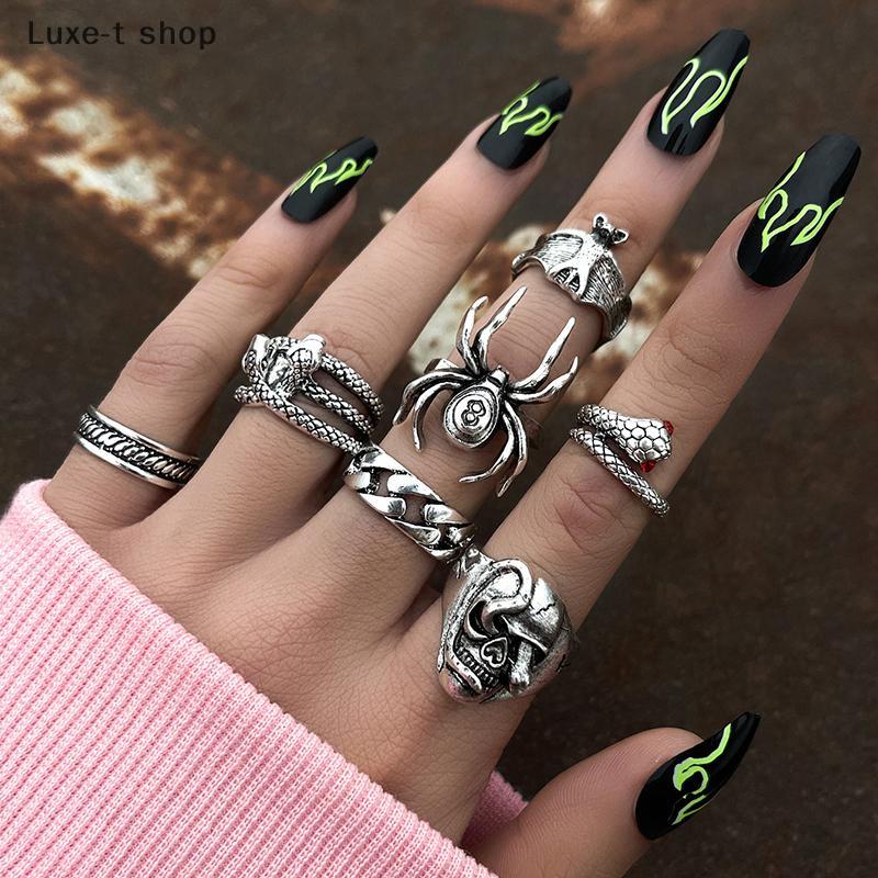Luxe-T แหวนงูพังค์7ชิ้น/เซ็ตสำหรับผู้หญิงโกธิคแมงมุมเครื่องประดับแฟชั่นของขวัญเครื่องประดับ COD