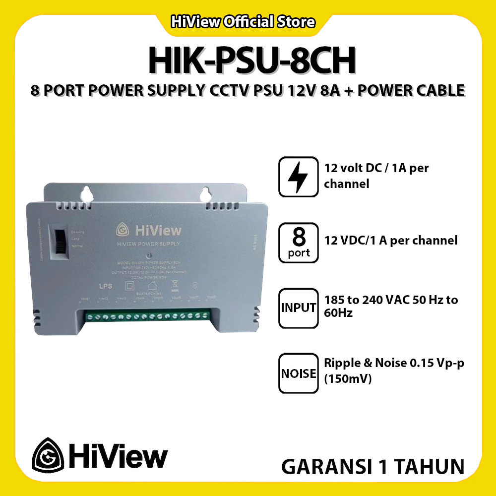 HiView HIK-PSU-8CH 8 Port POWER Supply กล้องวงจรปิด PSU 12V 8A + สายไฟ