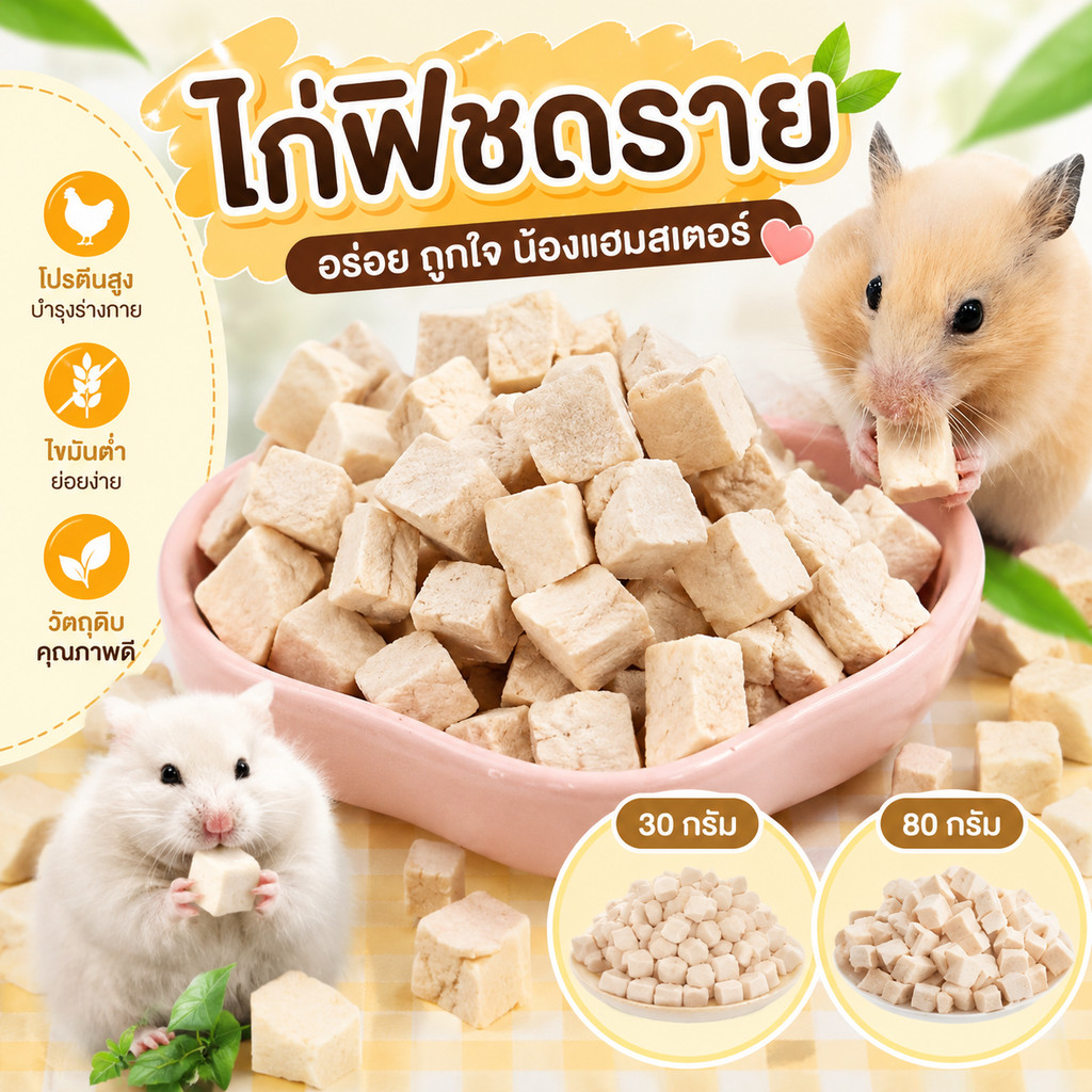 Hamster.lover ไก่ฟรีซดราย ขนมสัตว์เลี้ยงเอ็กโซติก โปรตีนสูง อกไก่แท้ 100% สำหรับแฮมสเตอร์ ชูการ์ไกลเดอร์